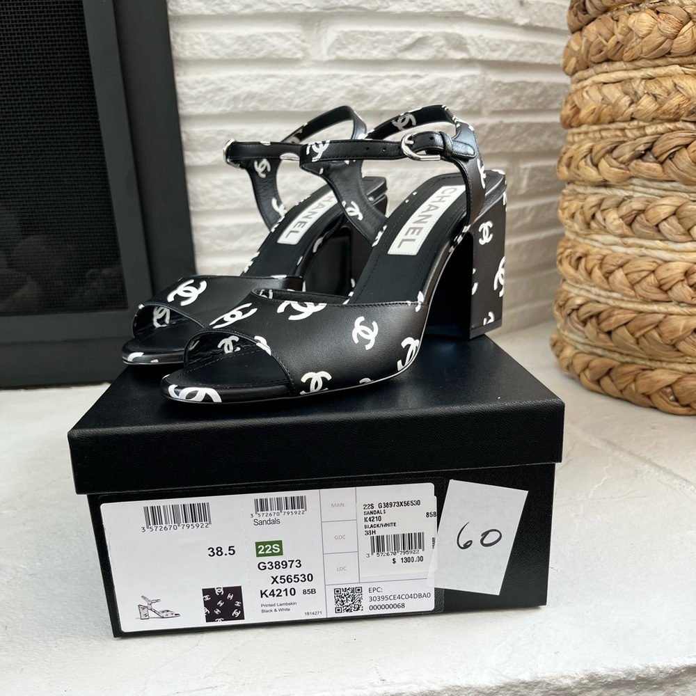 Chanel Lambskin Printed CC Sandals 38.5